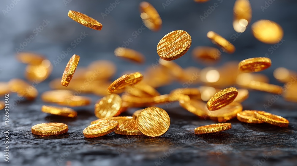 Floating Golden Coins Slowly Spinning Above a Dark Textured Surface Floating Golden Coins Slowly Spinning Above a Dark Textured Surface