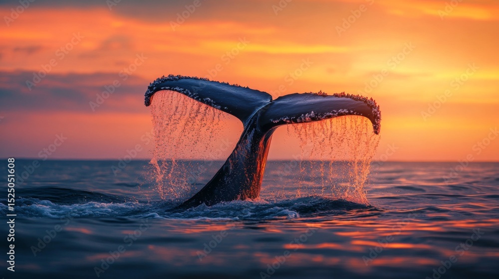 Fototapeta premium A dynamic image of a whale tail slapping the water surface, creating a dramatic splash and ripples, emphasizing the strength and playfulness of these animals.