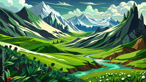 Vector illustration of an alpine valley with lush green pastures and colorful wildflowers ideal for serene landscapes, countryside scenes, and nature-themed artwork
