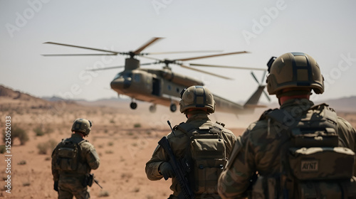 Soldiers monitor helicopter landing in arid terrain, highlighting camouflage and military readiness