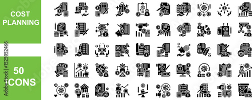 "Cost Planning" Collection of 50 icons related to Budget Plan, Expense Report, Cost Estimate, Price Tag, Financial Goal, Budget Sheet, Monthly Budget. Vector illustration, Simple Glyph Style