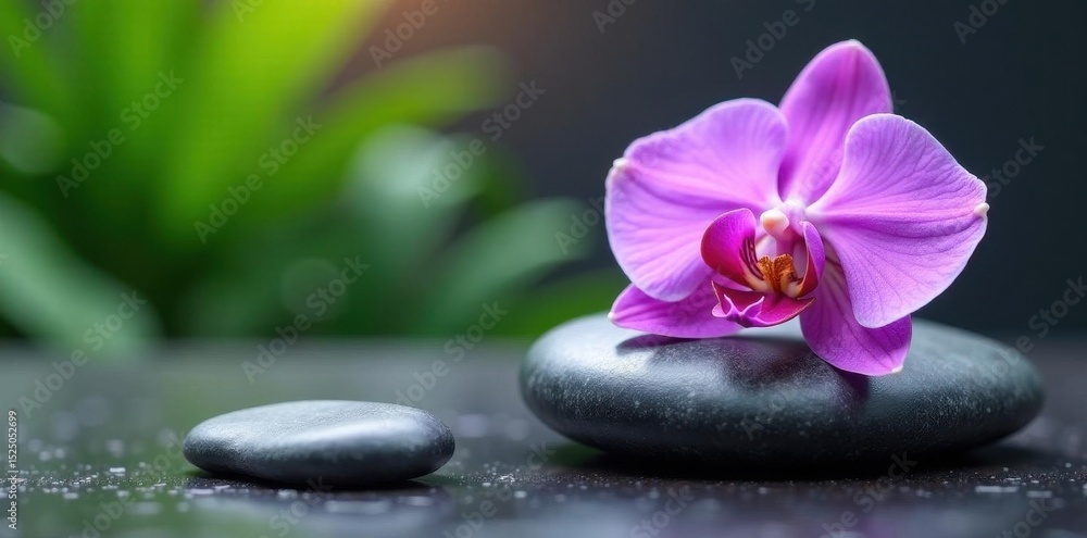 Smooth grey stones, delicate purple orchid; serene spa setting , healthy lifestyle, stones, tranquility Smooth grey stones, delicate purple orchid; serene spa setting , healthy lifestyle, stones, tranquility