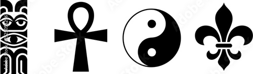 Symbols representing culture history and spirituality ankh yin yang fleur de lis and tiki totem editable stock vector illustration