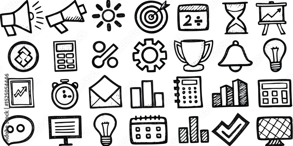 Fototapeta premium Hand Drawn Black and White Business Icons Megaphone, Goal, Calendar, Lightbulb, Graph, Checkmark