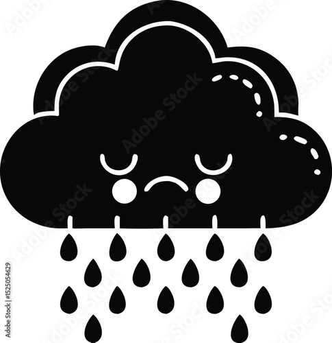Sad Black Cloud Character with Raindrops Weather, Mood, and Emotions Representation on White Background