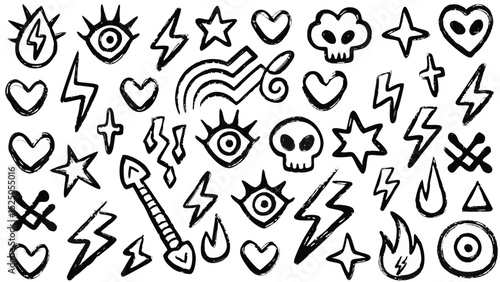 Grungy HandDrawn Tattoo Design Skulls, Lightning Bolts, Hearts, Stars, Eyes, Crosses and More!