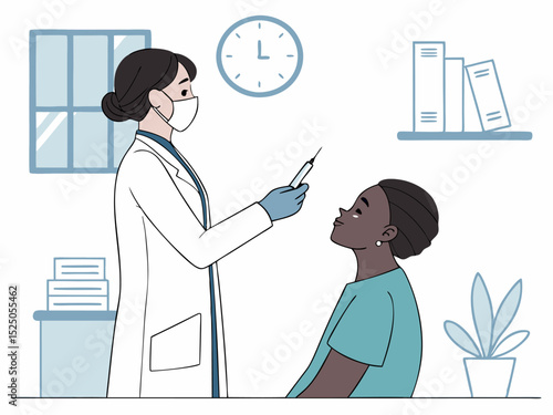 Female doctor wearing mask and gloves administering injection to patient in modern clinic