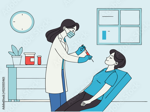 Doctor providing medical treatment with syringe in brightly lit room with charts and supplies