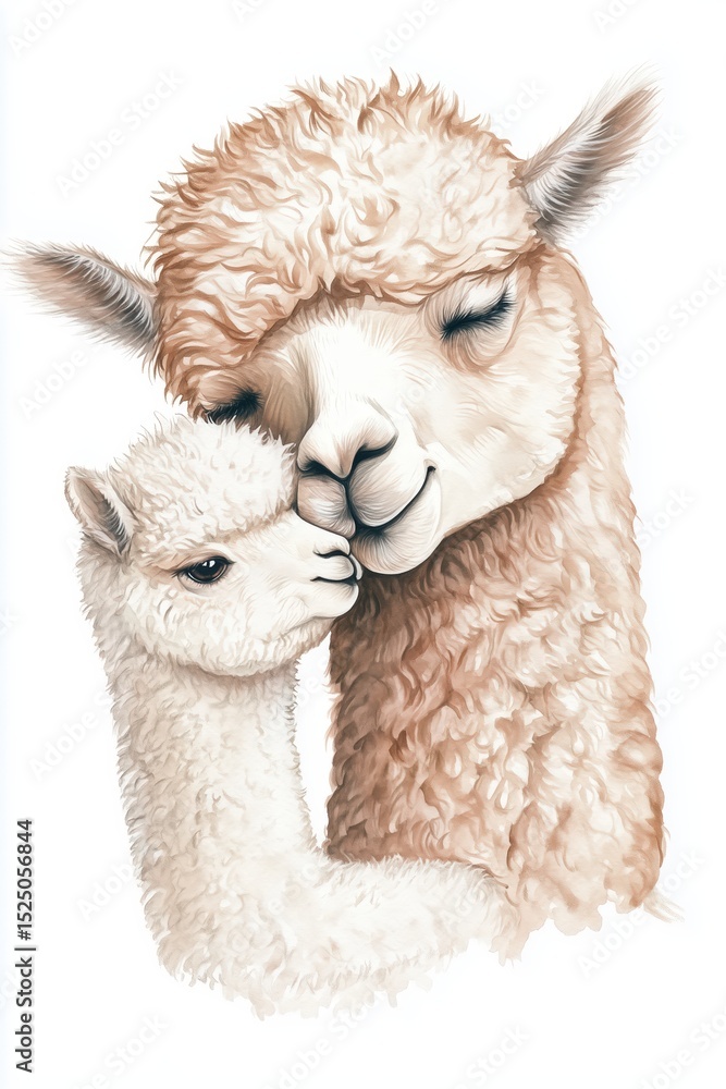 Adorable watercolour illustration of motherhood: mother alpaca llama hugging her baby. 