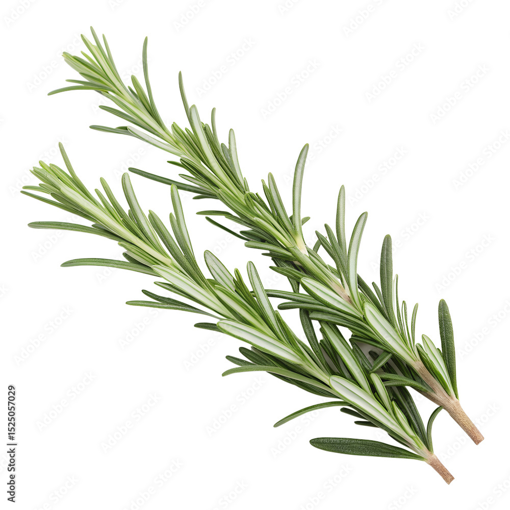 Fototapeta premium Fresh Rosemary Sprigs, Needle Leaves, Vibrant Green, Isolated on White, 8K