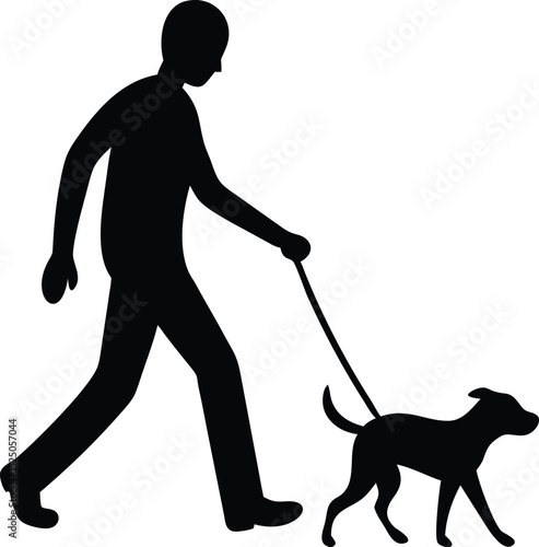 Silhouette Person Walking Dog on Leash, Holding Waste Bag For Cleanup