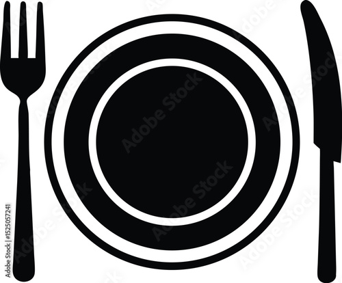 Simple Black and White of a Plate, Fork, and Knife Silhouette Illustration