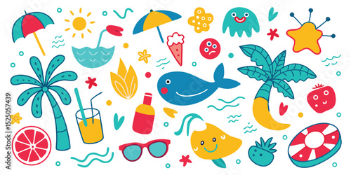Bright Summer Doodles Beach Umbrella, Palm Trees, Drinks, Sunglasses, Happy Fruits, and Cute Sea Animals