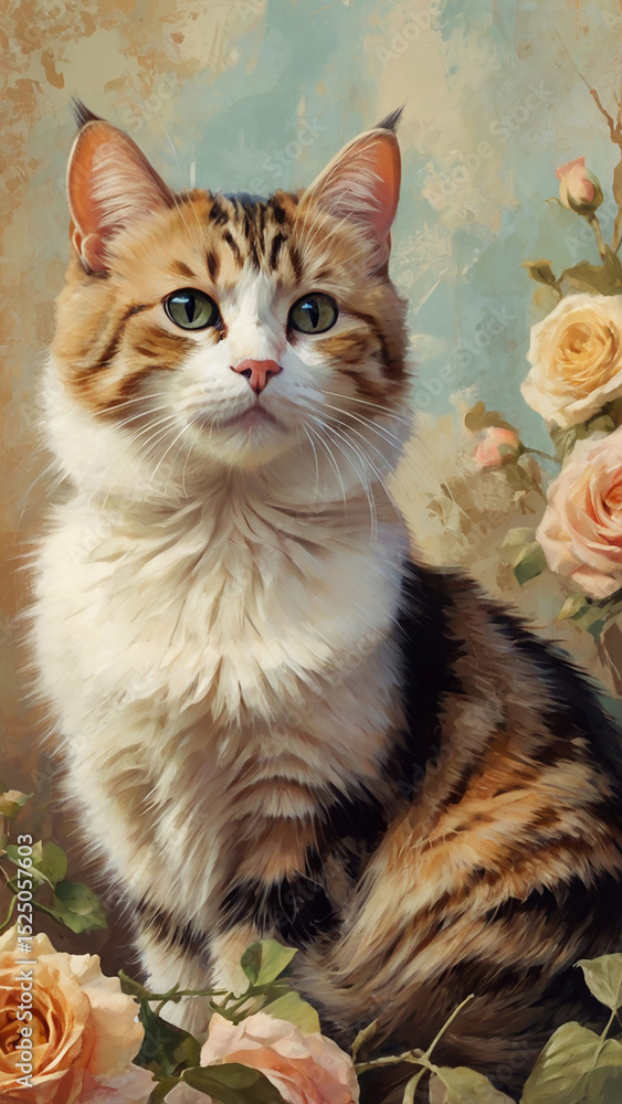 Realistic Cat Painting with Soft Pink Roses – Cozy Pet Artwork Realistic Cat Painting with Soft Pink Roses – Cozy Pet Artwork