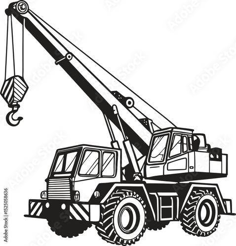 A detailed black and white illustration of a large mobile crane with extended boom and dangling hook, showcasing industrial engineering precision