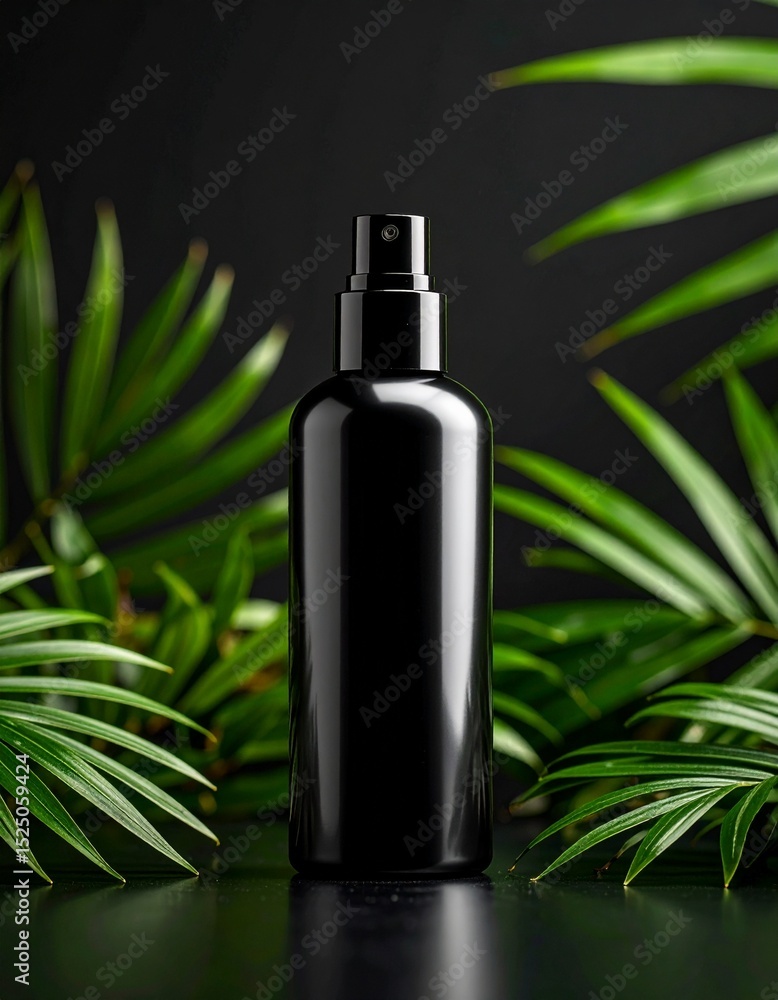 Black Spray Bottle on Dark Reflective Surface with Lush Green Tropical Leaves Black Spray Bottle on Dark Reflective Surface with Lush Green Tropical Leaves