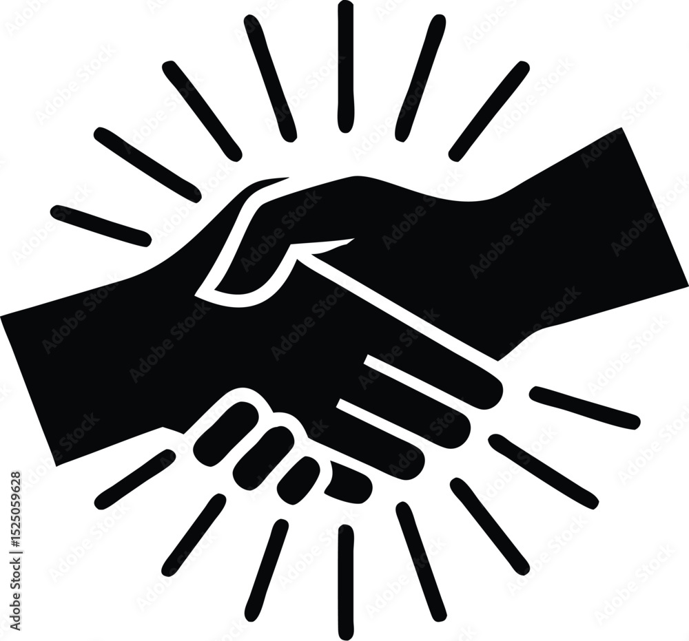 Obraz premium Black and White Illustration Two Hands Shaking with Radial Lines Suggesting Agreement