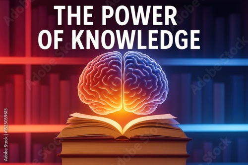 Glowing human brain emerging from open books, symbolizing knowledge, intelligence, and the power of learning in a modern library setting.