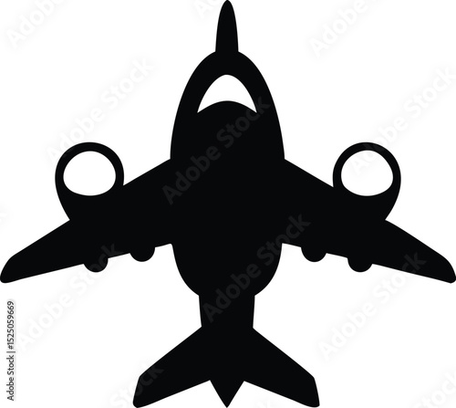 Top View of Airplane Silhouette with Engines, Wings and Tail on White Background