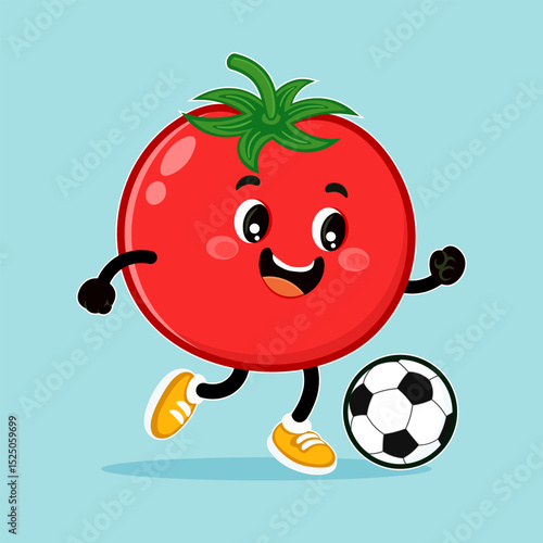 A cartoon Tomato character joyfully kicks a soccer ball on a light blue background.
