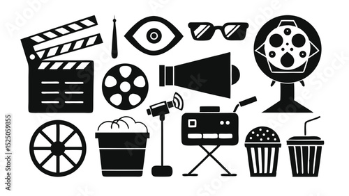 Black and White Set of Movie Elements Film, Clapperboard, Megaphone, Popcorn, Camera, Drinks