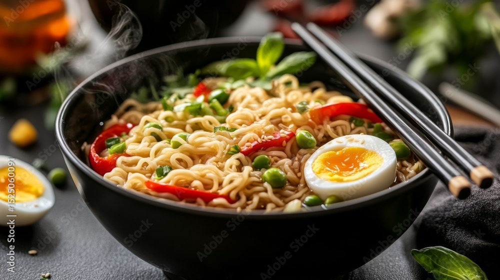 A steaming bowl of instant noodles garnished with fresh vegetables and a perfectly boiled egg, served with chopsticks resting on the side for a delightful meal presentation. A steaming bowl of instant noodles garnished with fresh vegetables and a perfectly boiled egg, served with chopsticks resting on the side for a delightful meal presentation.