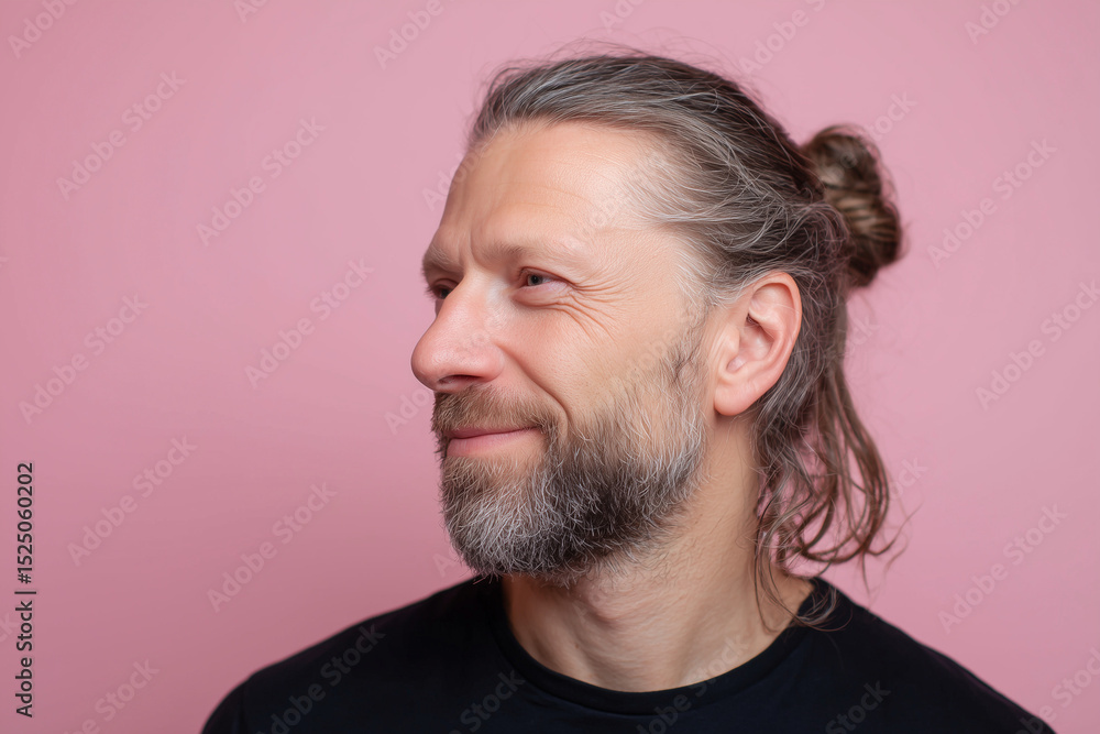 Fototapeta premium headshot of a man with a ponytail, pastel color background