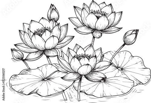 Hand Drawn Lotus Flowers and Lily Pads Illustration