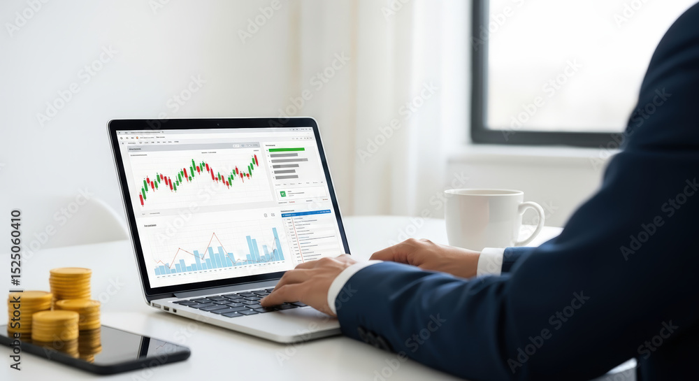 Businessperson Analyzing Financial Data on Laptop Stock Market Graphs Investment Charts Businessperson Analyzing Financial Data on Laptop Stock Market Graphs Investment Charts