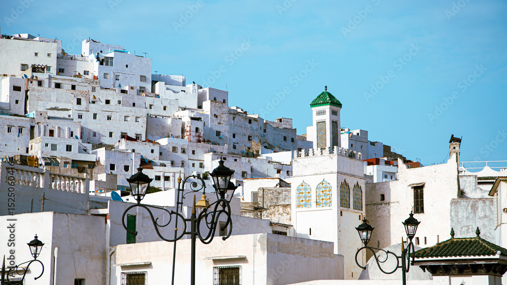 Fototapeta premium Picturesque view of white houses clustered on a hillside, showcasing Tétouan’s traditional architecture under a clear blue sky.