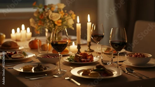 Elegant dinner table set with candles, wine, and gourmet dishes  