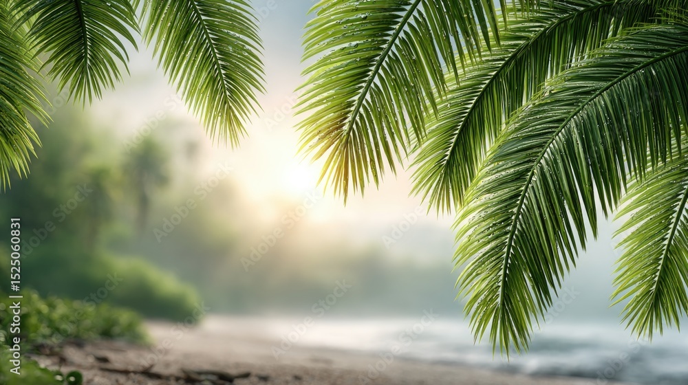 Obraz premium Tropical Palm Leaves Framing Beach at Sunrise