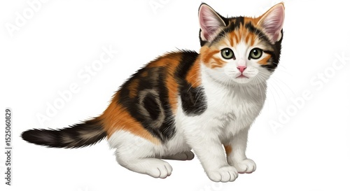 A calico kitten with green eyes sitting on a white background looking directly at the viewer calmly
