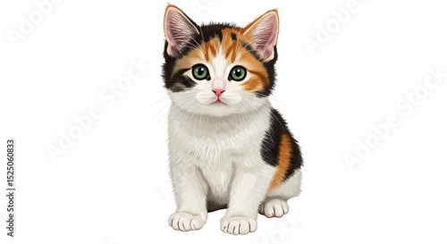 A calico kitten with green eyes sitting upright on a white background looking directly at the viewer
