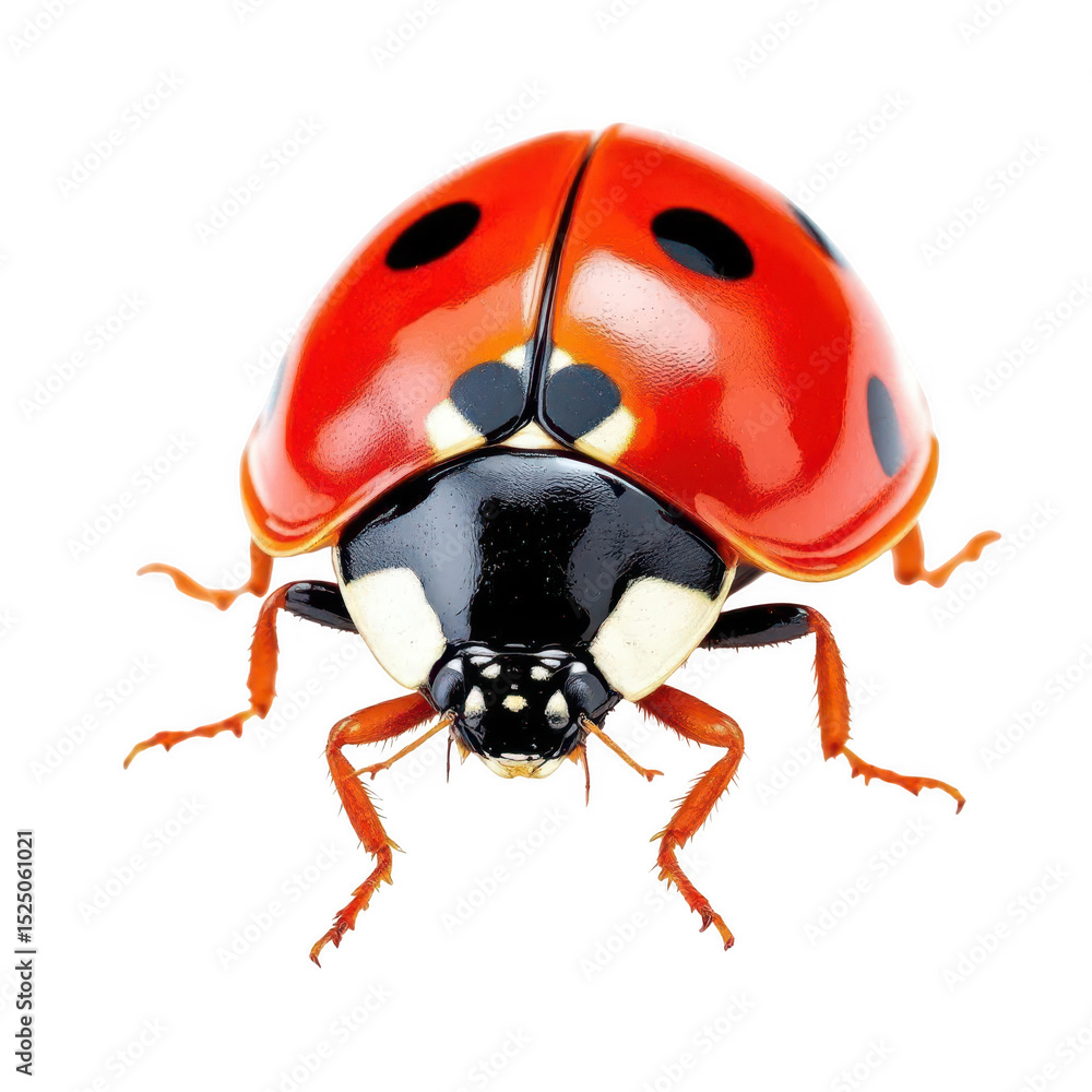 Fototapeta premium Ladybug's Vibrant Detail: A stunning, close-up view of a ladybug, showcasing its iconic red and black spotted shell, delicate legs, and intricate details. Captured in vibrant photorealism.