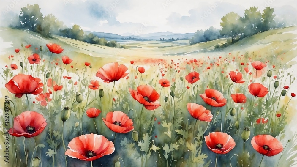 Obraz premium Vibrant poppy flowers blooming in a lush green field landscape 