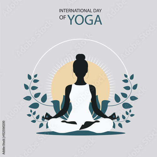 Minimalist vector silhouette of a woman in yoga pose, symbolizing peace and balance. Perfect for International Day of Yoga, June 21. Elegant design with calm, meditative vibe , sun, meditation