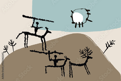 Art of ancient people. Rock painting. Primitive drawings. Everyday scenes from the life of ancient people