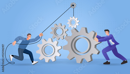 Teamwork and business process concept. Two men work together, pushing and pulling to assemble a gear mechanism. Vector illustration for collaboration, strategy, and building a successful system.