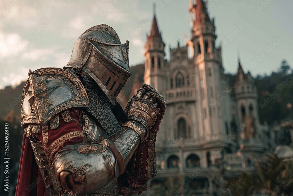 Fototapeta premium A Knight in Ornate Armor Prays Before a Majestic Castle 