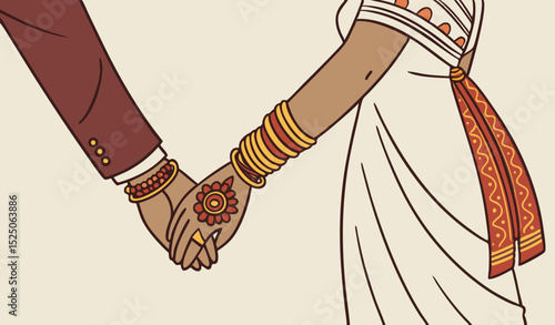 A bride and groom hold hands, adorned with vibrant traditional jewellery, bangles, henna designs, and wedding attire, symbolizing union