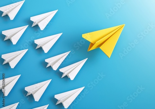 Free Download A group of white paper planes follows a single yellow paper plane leading the way on a blue background. - GFXLoad