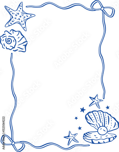 Doodlle coastal summer whimsical  frames. Doodle hand drawn vintage bows, ribbon,squiggly, wavy borders.Cute vector elements minimalist line art borders for birthday card, wedding invitation,poster,ba