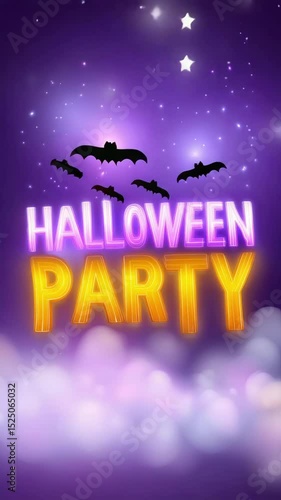Enchanting Halloween Invitation: A luminous announcement of a Halloween party, with evocative imagery of bats against a starlit sky and swirling clouds.
