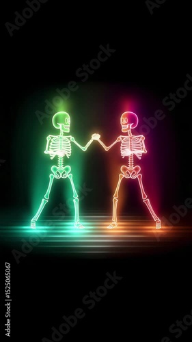 Neon Skeleton Duel: Colorful, vivid neon skeletons face off in a dynamic pose against dark background.