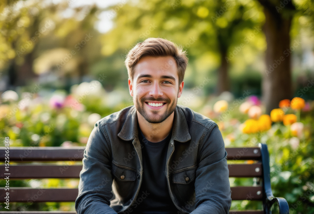 A smiling young man with short brown hair and a beard sits on a park bench, gazing directly at the camera with a warm expression. A smiling young man with short brown hair and a beard sits on a park bench, gazing directly at the camera with a warm expression.