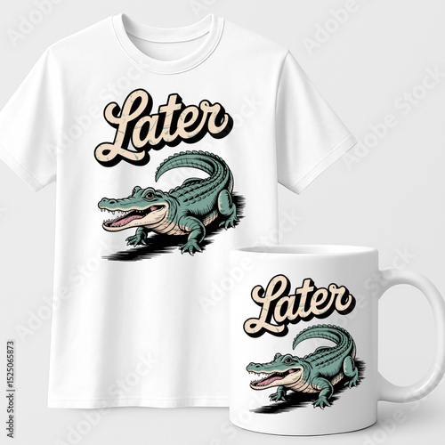 Later Alligator T-shirt and Mug Mockup – Fun Retro Cartoon Design for Apparel and Gifts

