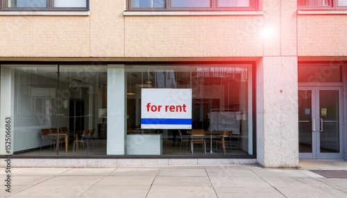 Commercial space for rent displayed in window of modern building  