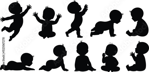 Vector illustration of baby silhouette in various actions, crawling, sitting, jumping, playing, standing, black infant poses for design use
