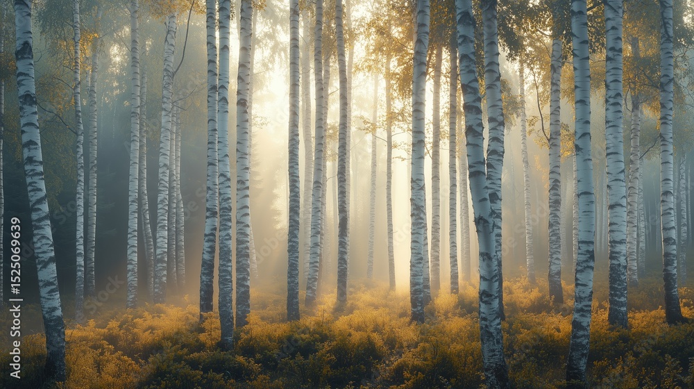 Fototapeta premium Birch forest in early spring, close-up shot focusing on the repetition of tree trunks as a pattern. 16